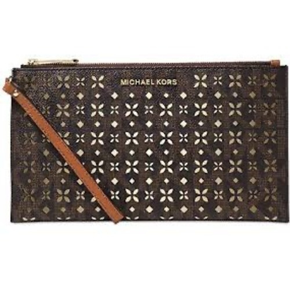 Michael Kors Jet Set Travel Wristlet Brown Cutout Gold PVC Clutch Bag